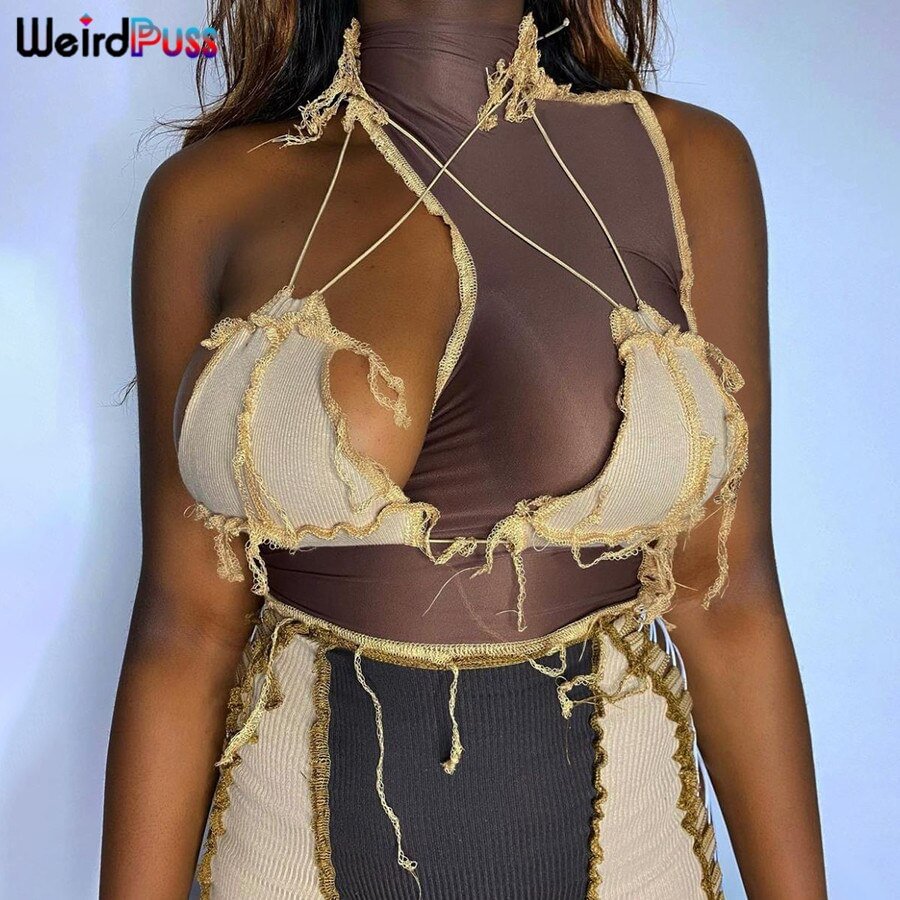 Weird Puss Sexy Hollow Out Women Tanks Top Patchwork Bandage Trend Skinny Sleeveless Stretchy Summer Slim Party Vest Clubwear
