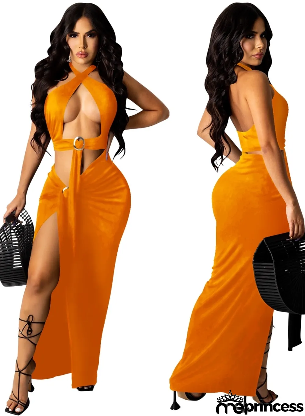 Summer Orange Sexy O-Ring Halter Crop Top and Irregular Long Skirt Set