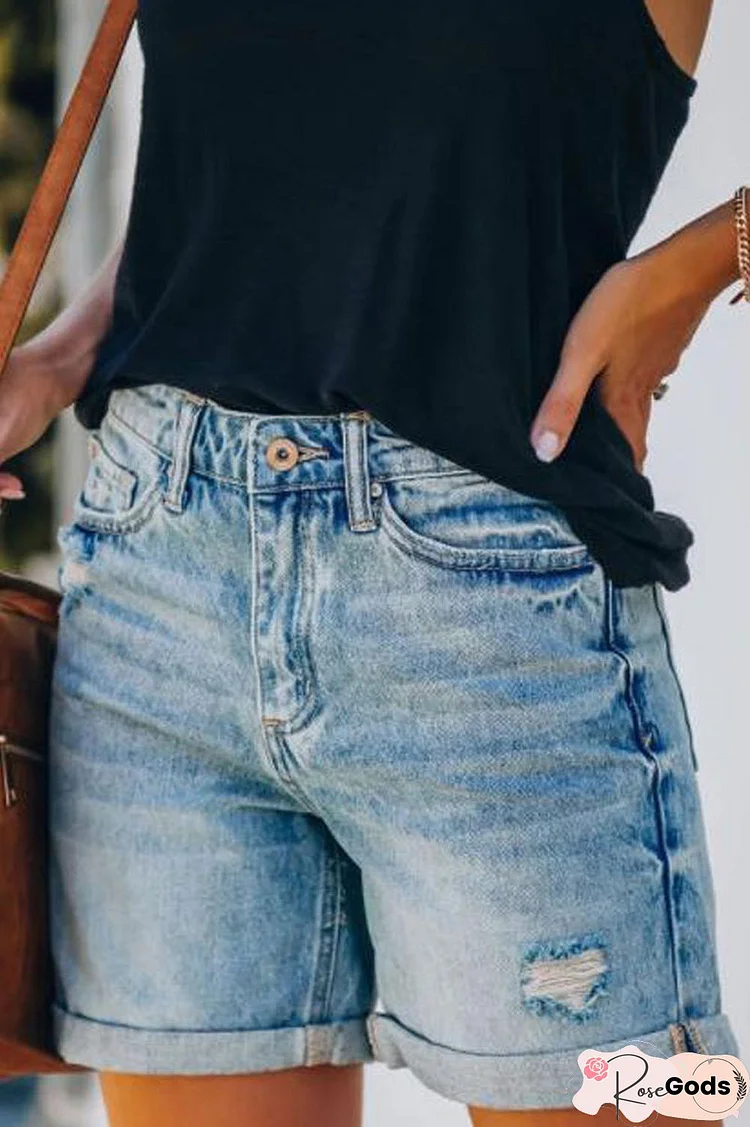 Denim Beading Hole Distressed Pocket Shorts