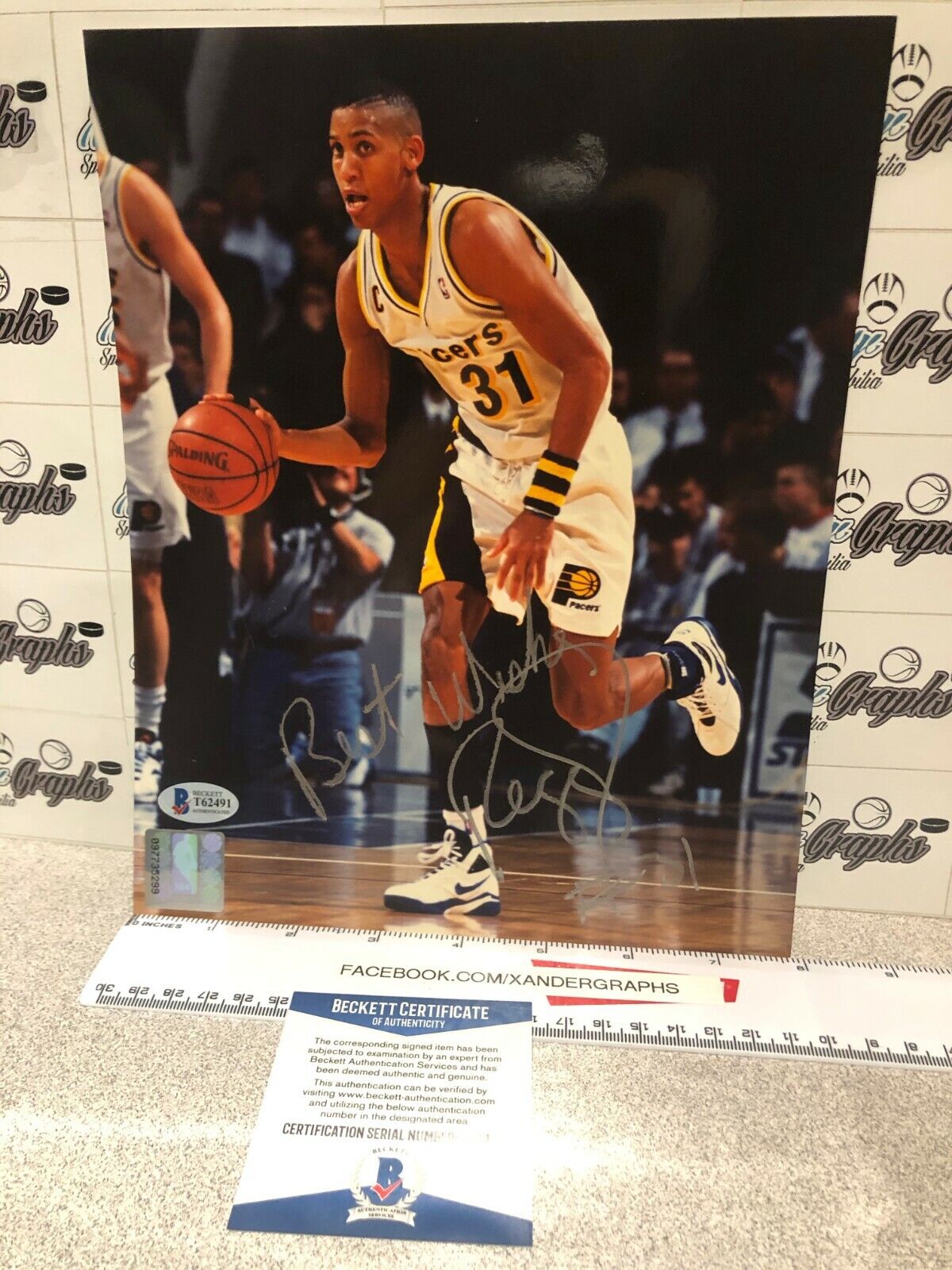 REGGIE MILLER SIGNED AUTOGRAPHED BASKETBALL 8X10 Photo Poster painting-BECKETT BAS COA PACERS