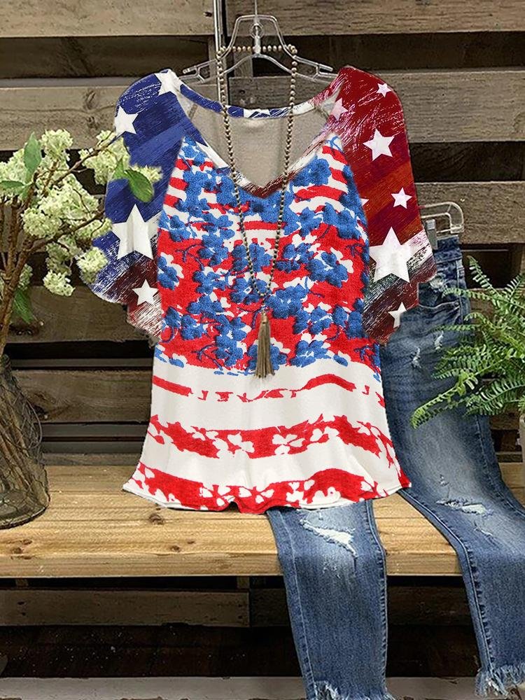 Women's Flag Print Half-sleeve V-neck T-shirt