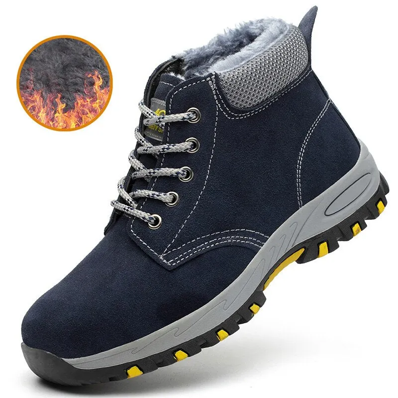 Men's Winter Boots Steel Toe Safety Work Shoes Men Water-Proof Puncture-Proof Suede Leather Work Boots Plush Warm Safety Shoes