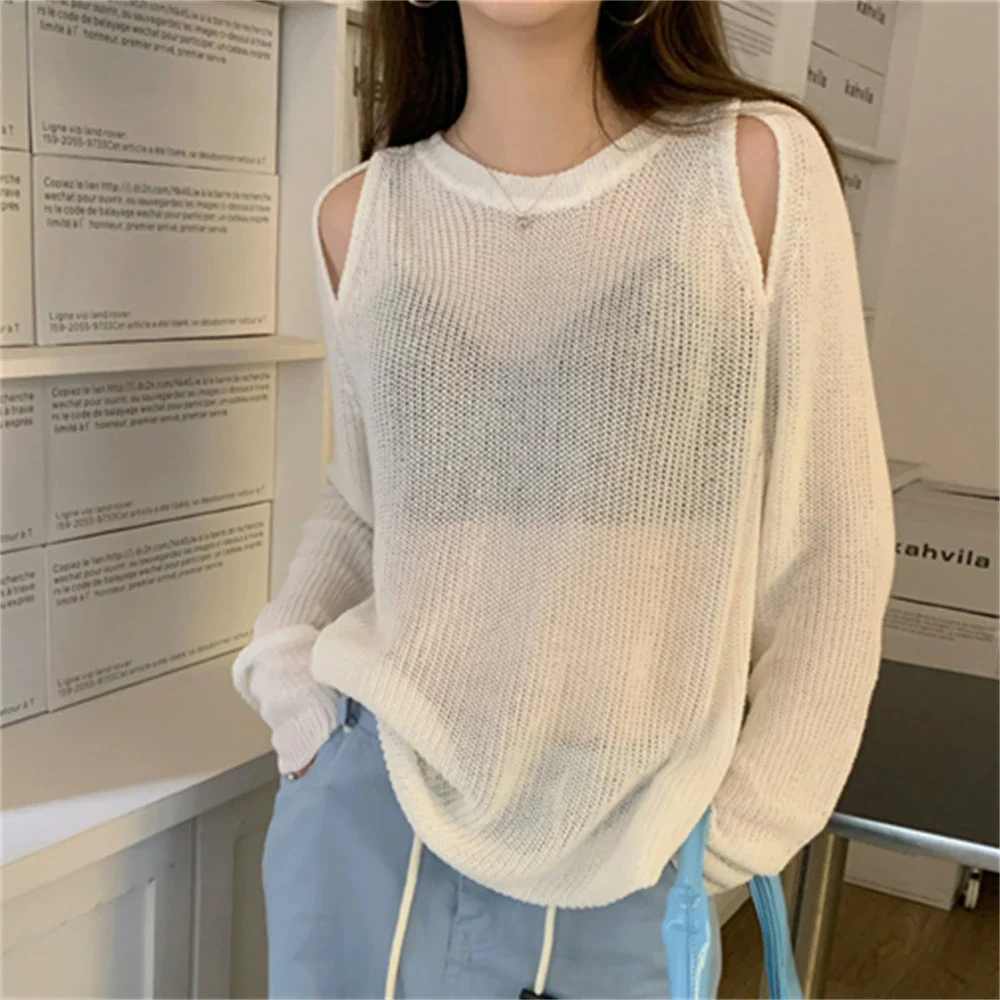 Jangj Alien Kitty New Off Shoulder Knitted Women Sweaters Tees Sunscreen Oversize Fashion Hollow Out Loose Chic Casual All Match Tops