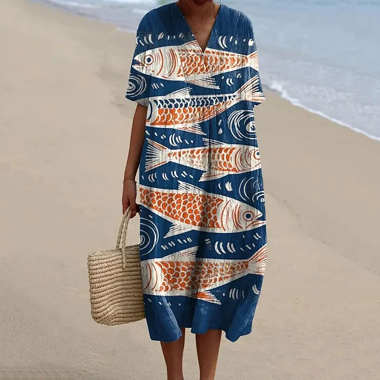 Vintage Fish Art Print V-Neck Casual Midi Dress