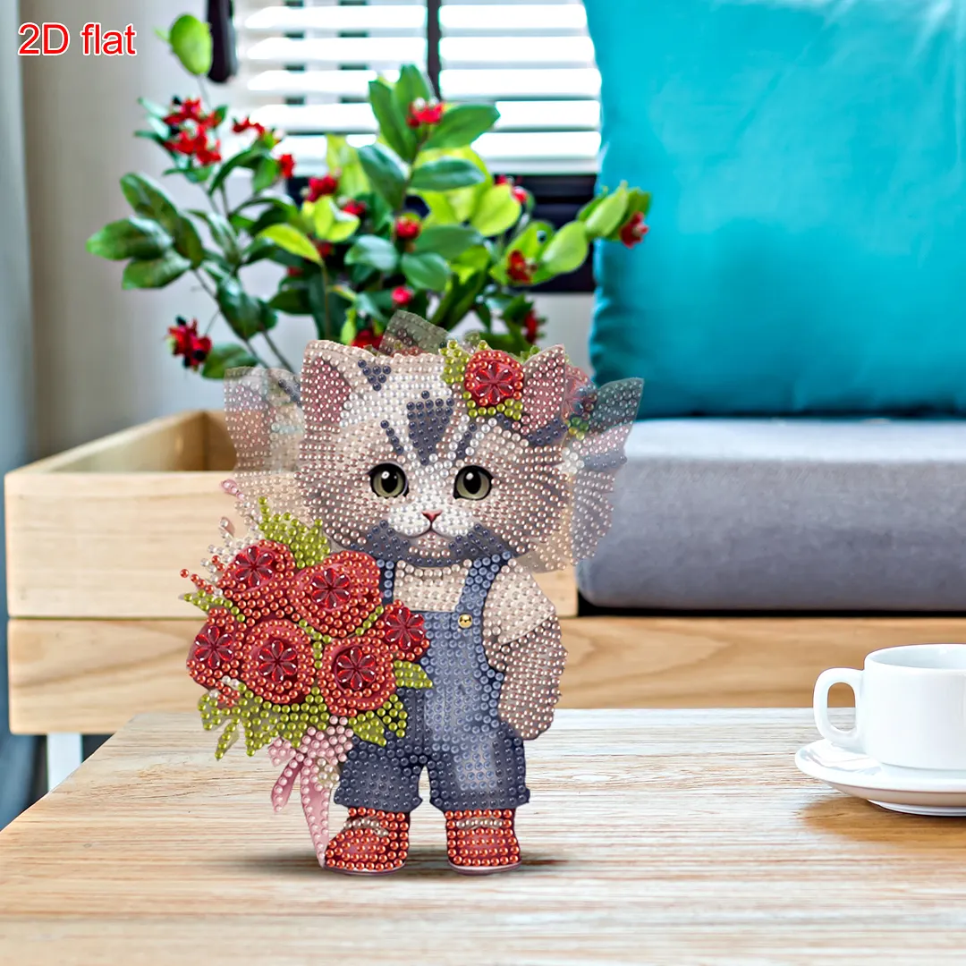 Cat Rose DIY 2D Flat Acrylic Desktop Diamond Art Kit with Rocking Function Decor