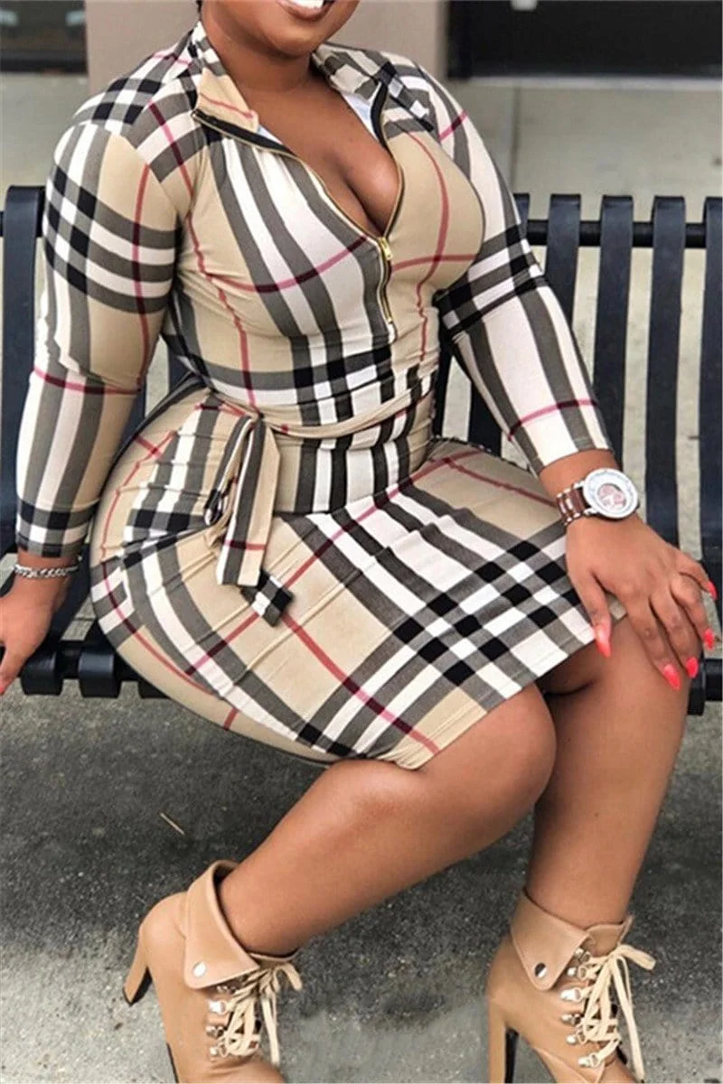 Sexy Fashion Plaid Long Sleeved Dress (With Belt)