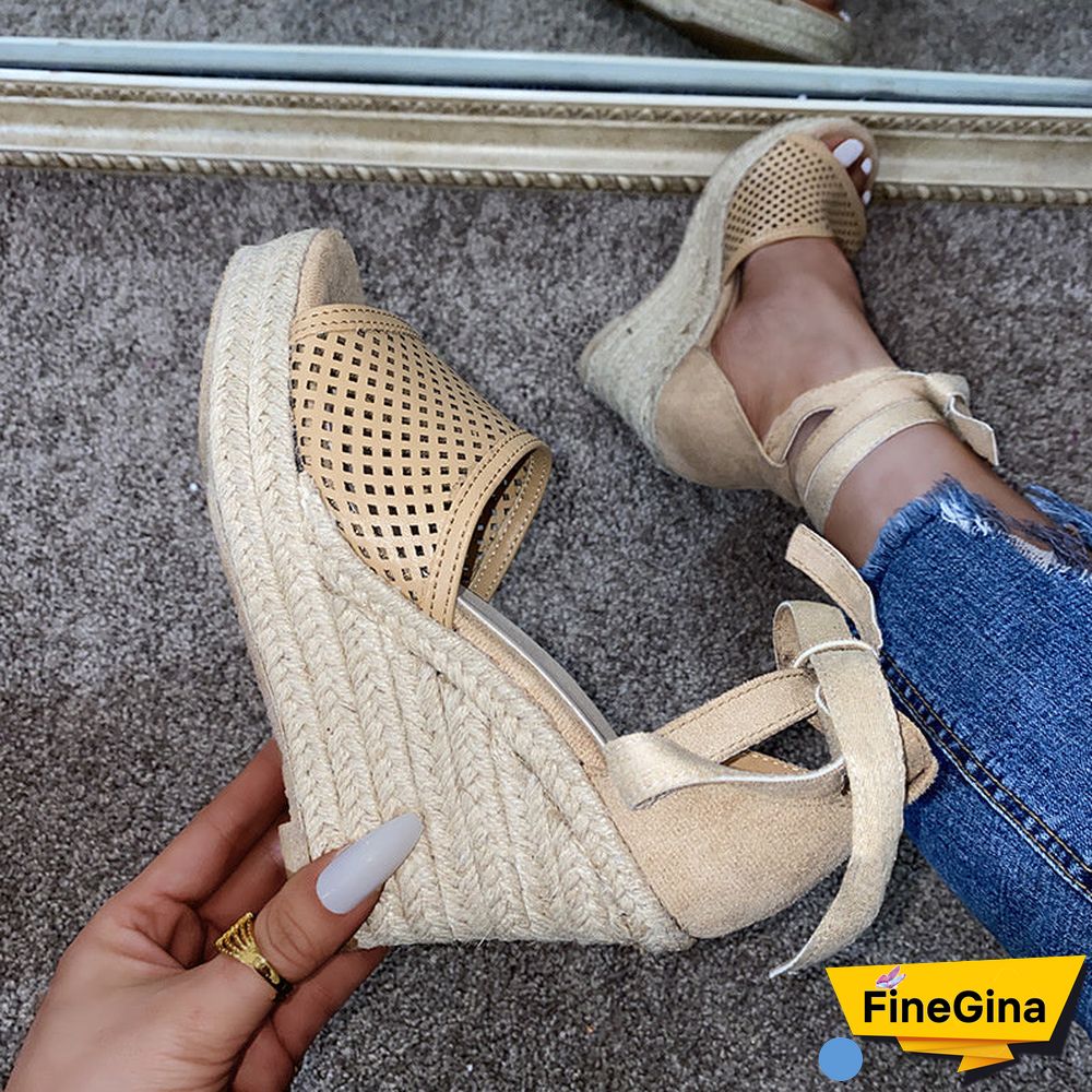 Women's Casual Hollow Breathable Hemp Rope Hemmed Wedge Sandals