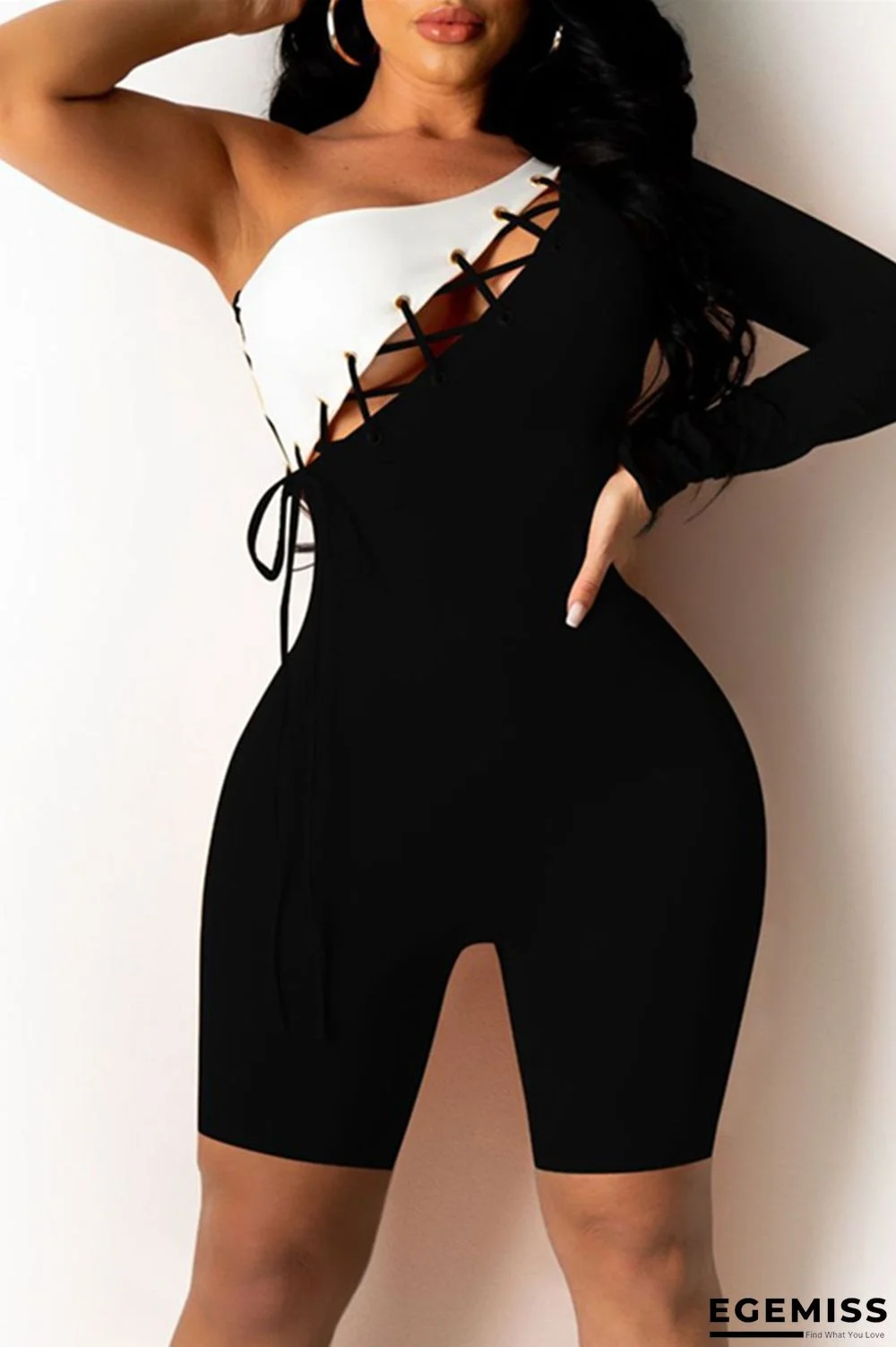Black Sexy Casual Patchwork Strap Design Oblique Collar Skinny Romper | EGEMISS