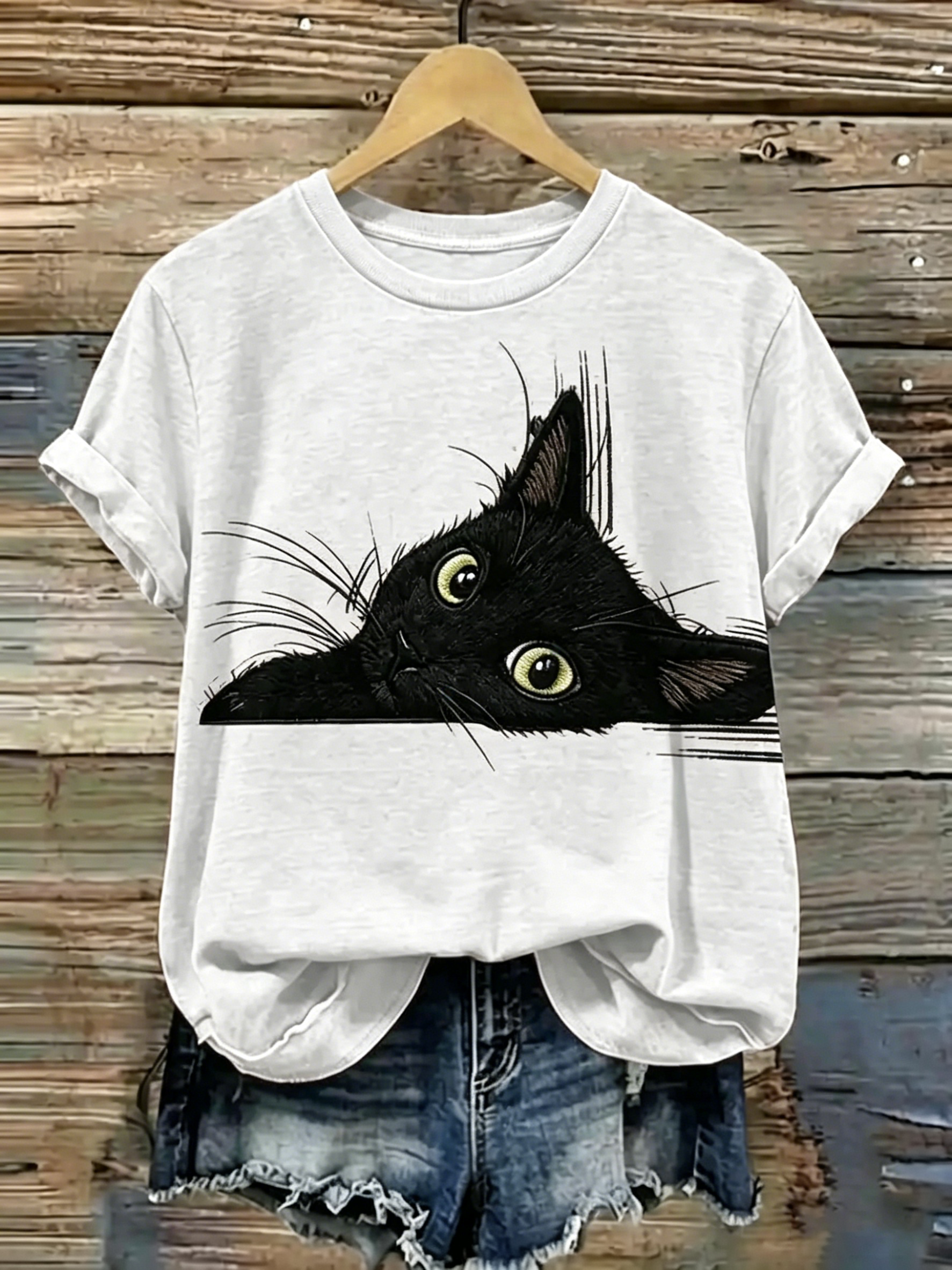 Abstract Creative Lazy Black Cat Graphic Casual T-shirt elevenforest