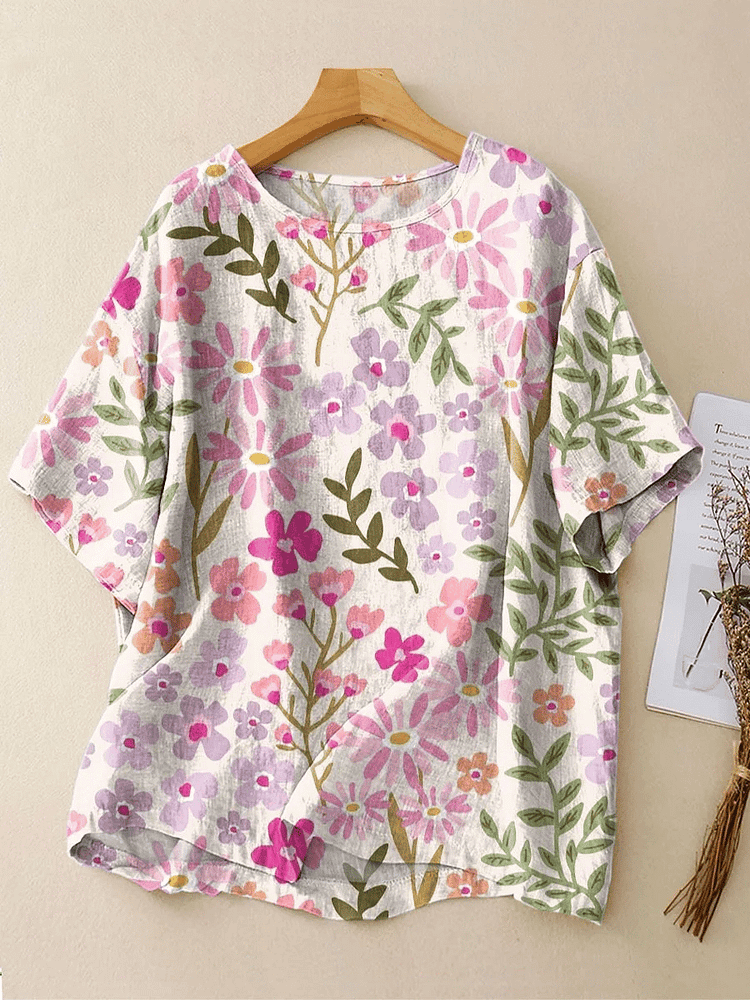 Women'S Retro Floral Print Crew Neck Shirt 