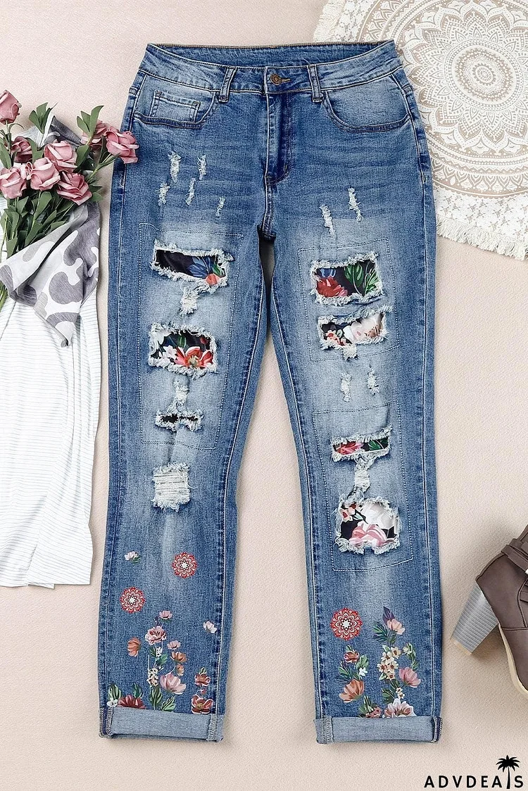 Floral Graphic Patchwork Distressed Jeans