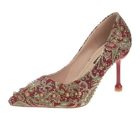 glitter crystal metal snow rivets single shoes red/black women wedding shoes pointed toe thin high heels slip on pumps stilettos