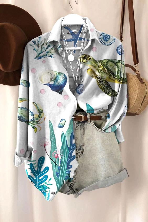 Women's Summer Beach Turtle Print Resort Travel Shirt socialshop