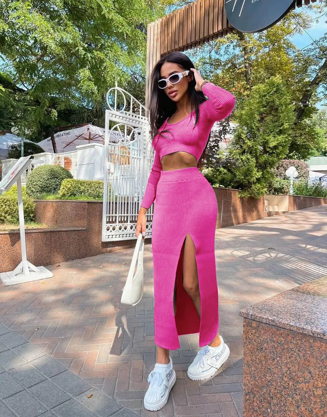 wsevypo Autumn Chic Casual Knitted Two-pieces Skirts Suits Women's Sets Long Sleeve Cropped Pulloves+Split Midi Bodycon Skirts