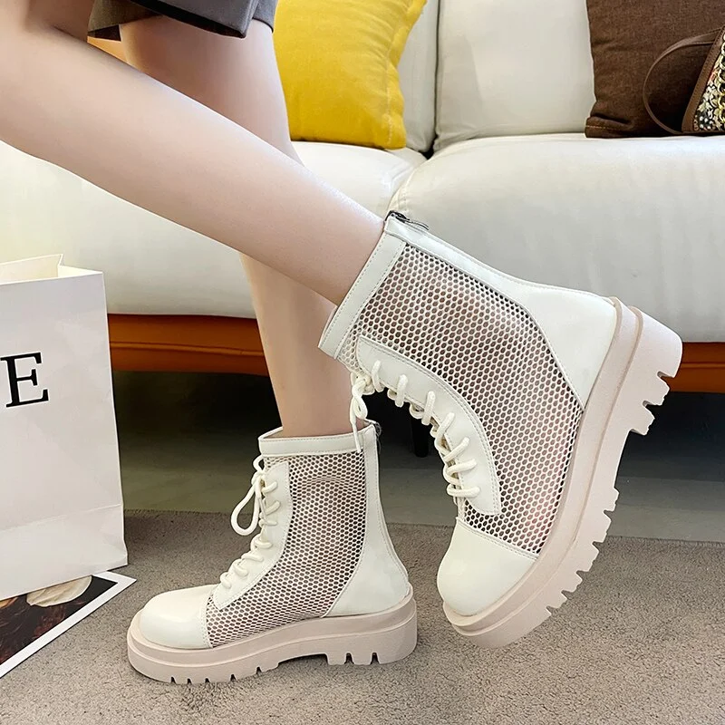 Qengg Breathable Mesh Summer Women's Ankle Boots New Shoes for Women Fashion Black Zipper Casual Shoes Woman Flat Platform Boots
