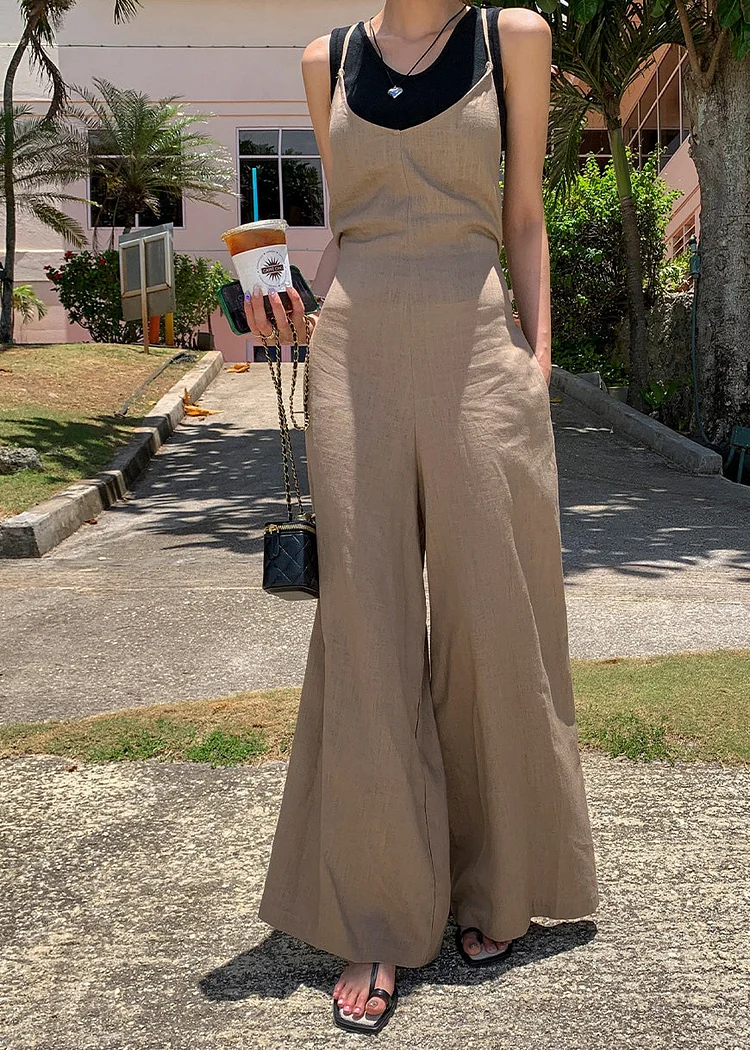 Art Brown Tie Waist Cotton Wide Leg Pant Jumpsuits Summer