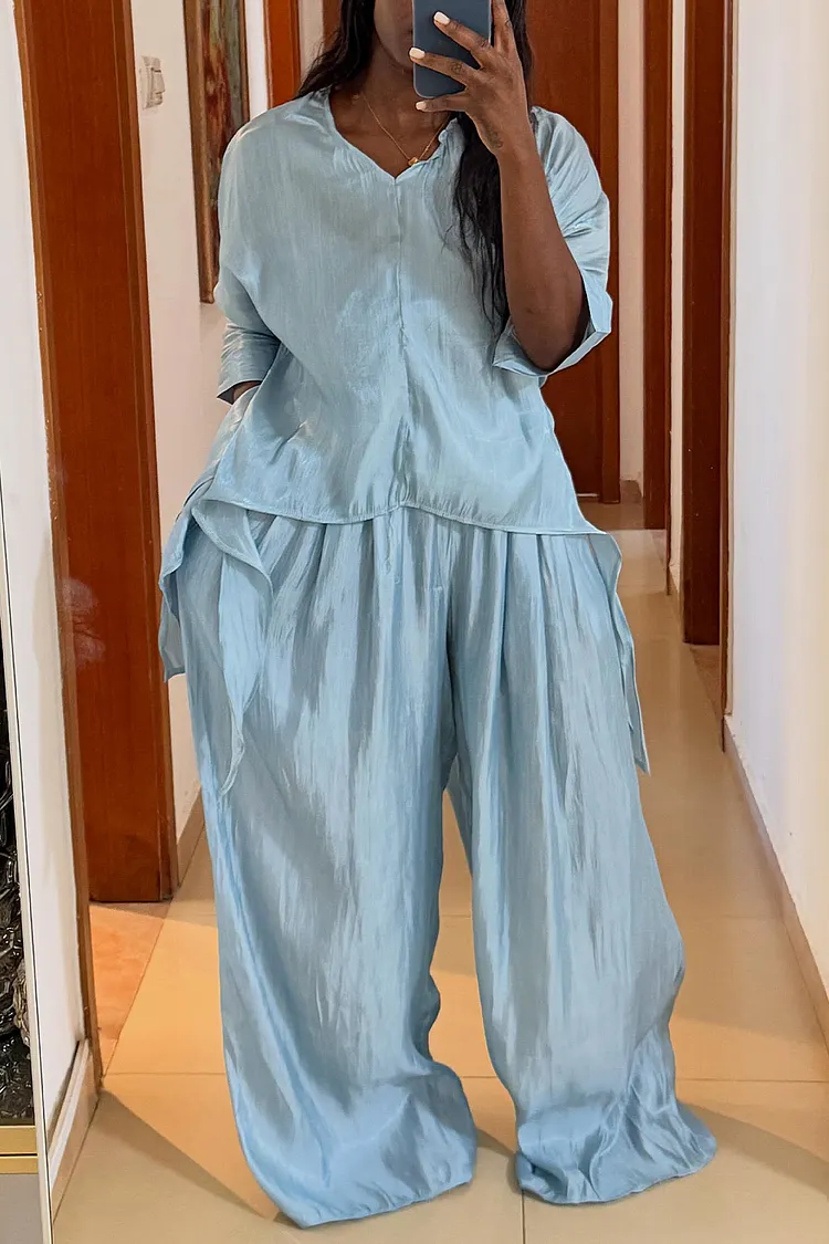 Plus Size Business Casual Light Blue V Neck Half Sleeve Asymmetric Hem Ruffle Two Piece Pant Sets [Pre-Order] 2024 - Xpluswear