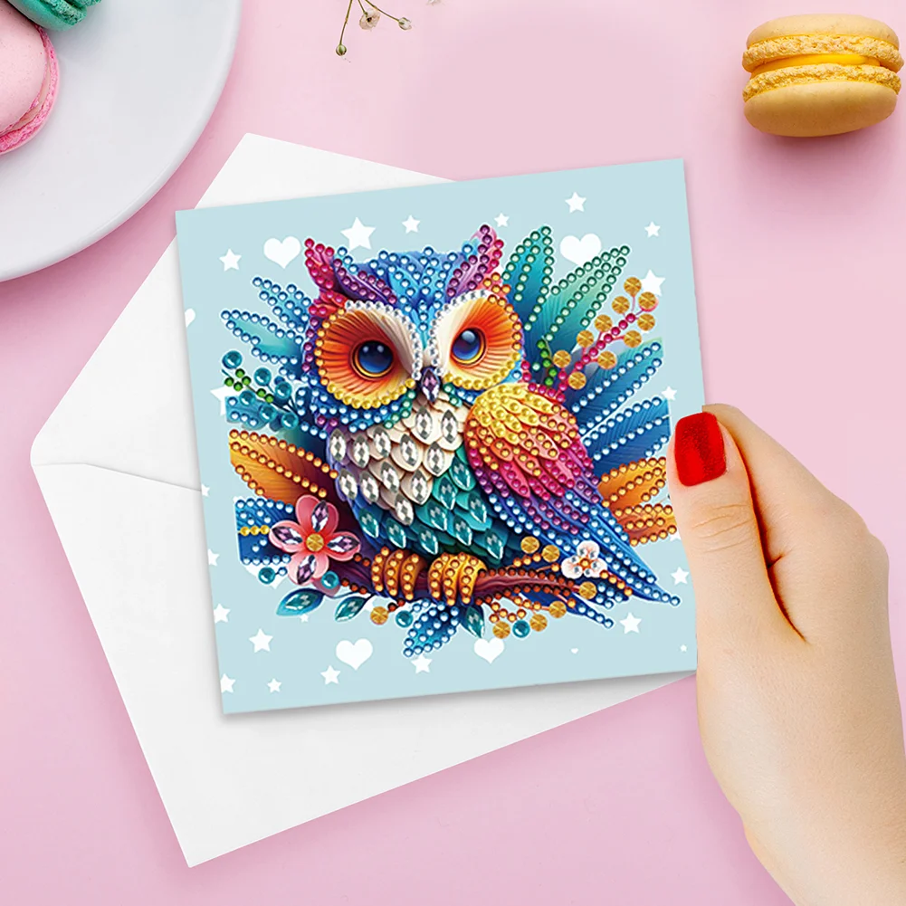 6Pcs Owl DIY Diamond Painting Greeting Card 5D Drill Painting Blessing Card Kit【With White Envelope】