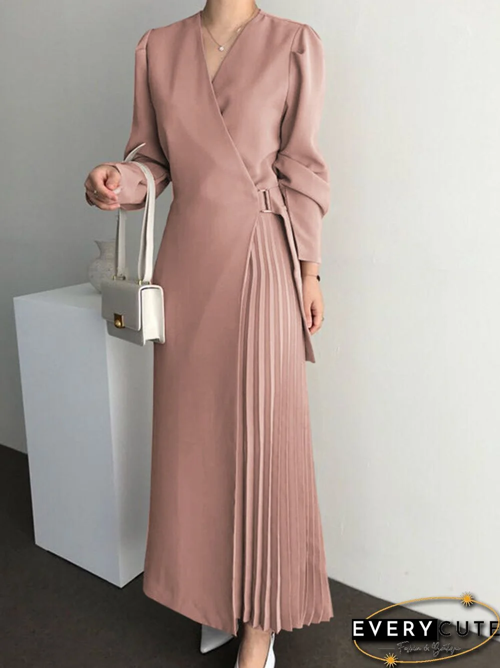 Wrap V-neck Solid Pleated Long Sleeve Casual Maxi Dress
