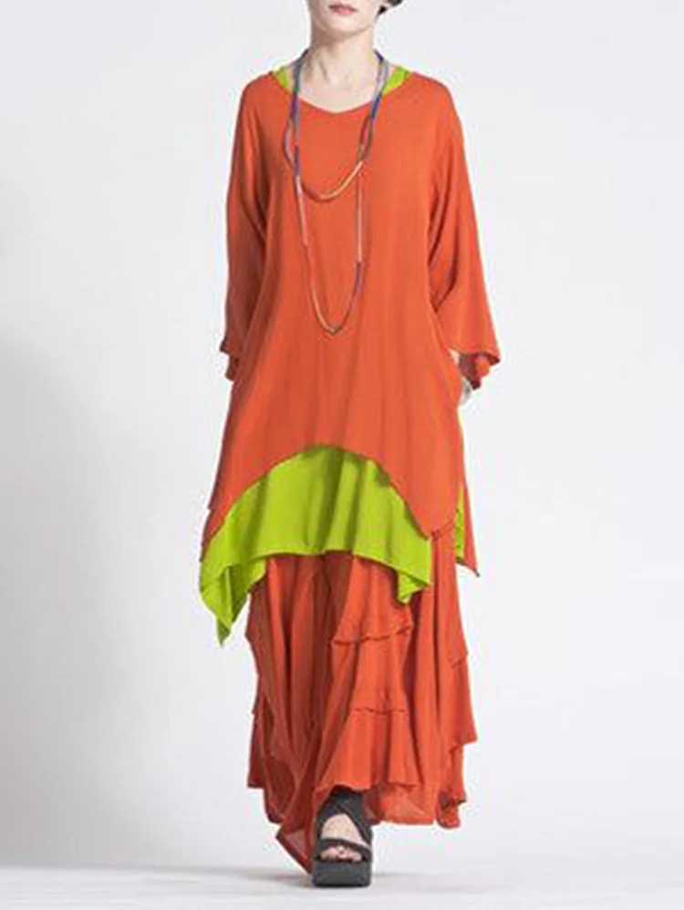 Loose Color Contrast Irregular Hem Top And Casual Skirt Set