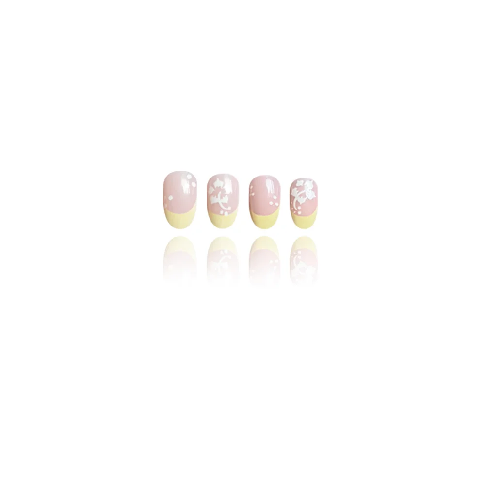 Churchf Churchf Short Round Nail Yellow Flower French Fake Nails Finished Wear Nail Removable Nail
