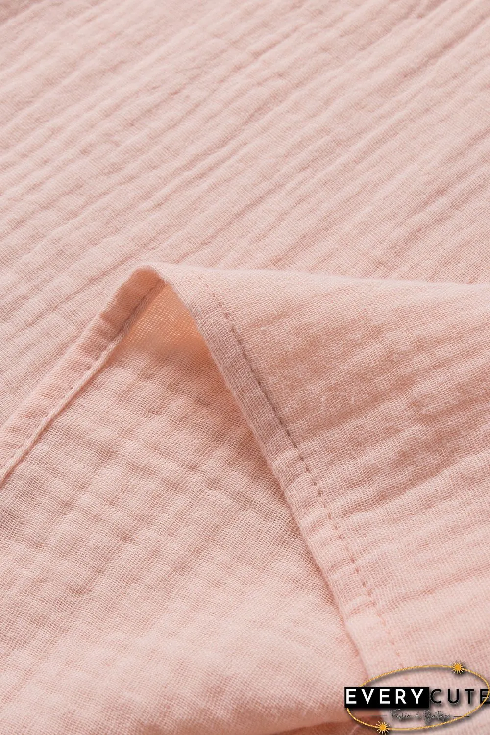 Pink Buttoned Lace Splicing Ruffle Textured Short Sleeve Shirt