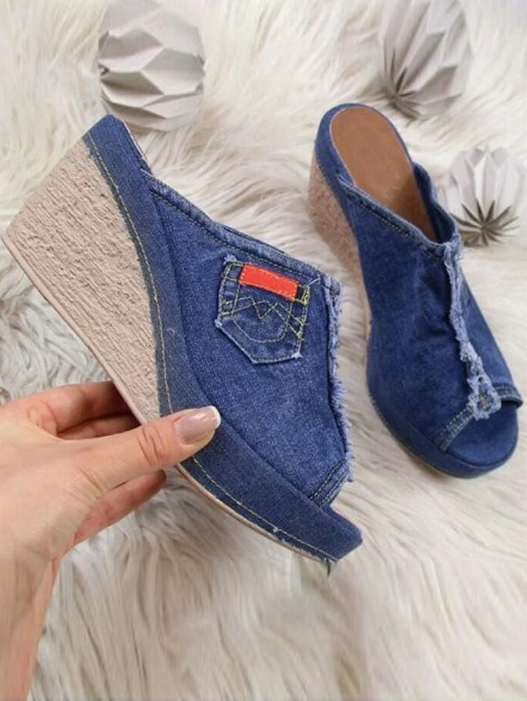 Casual Plain Open Toe Denim Platform Wedge Sandal