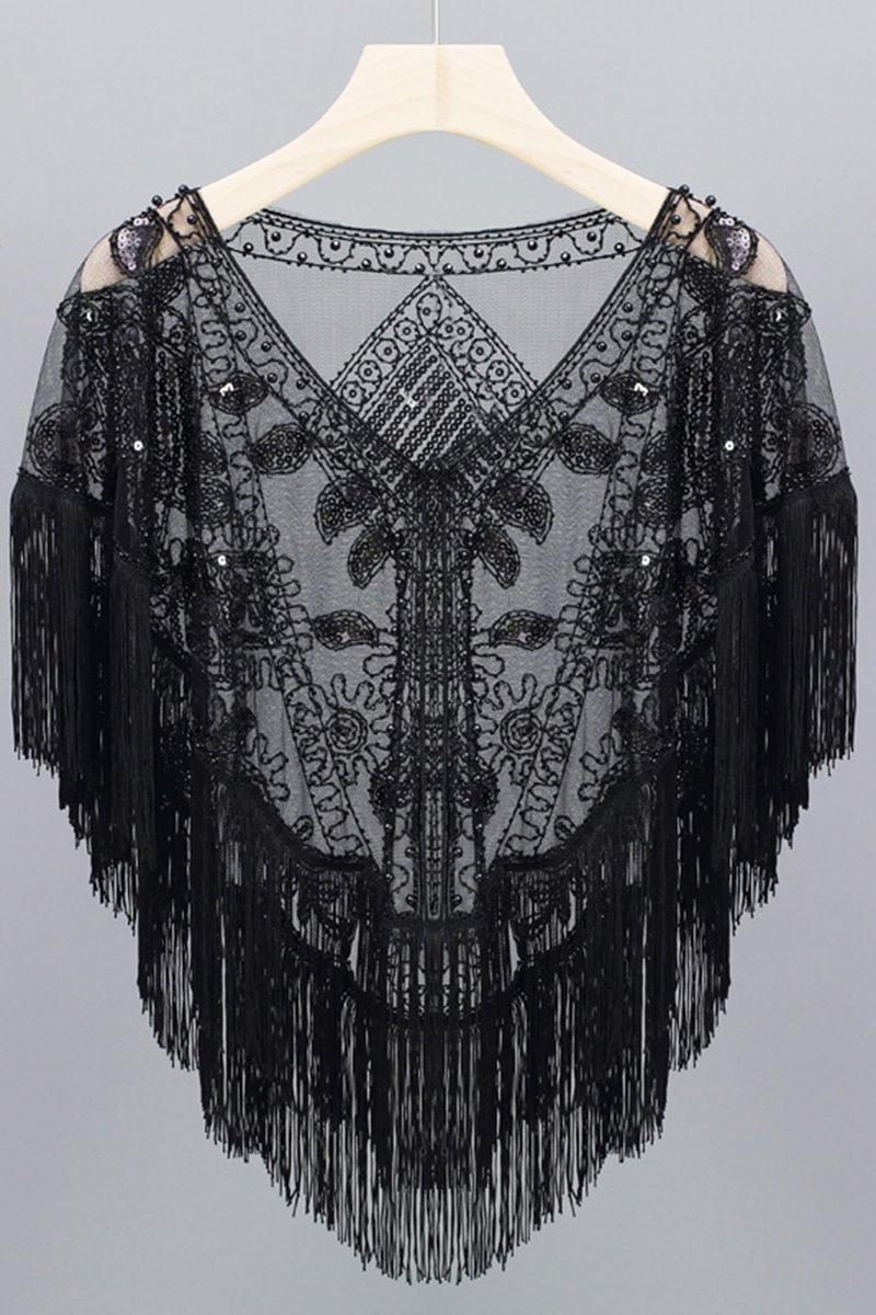 1920s Party Black Sequin Fring Rhinestone Cape Cloack