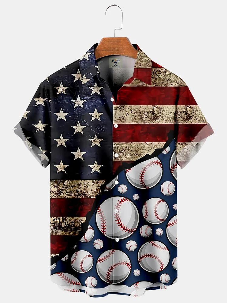 American Flag And Baseball Casual Loose Men's Plus Size Short-Sleeved Shirt