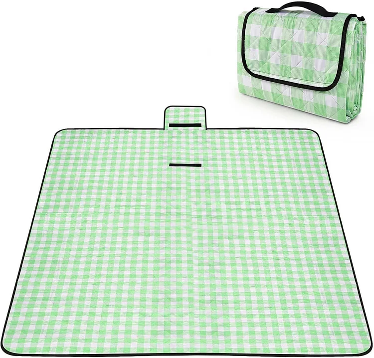 OBTANIM Extra Large Picnic Blanket 80 x 80 Inch Waterproof Foldable Beach Blankets Outdoor Picnic Mat for Camping Grass Lawn Park Music Festival Party Accessories (Green and White)