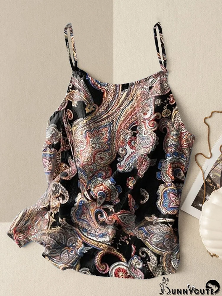 Women Ethnic Paisley Print Backless Spaghetti Strap Cami