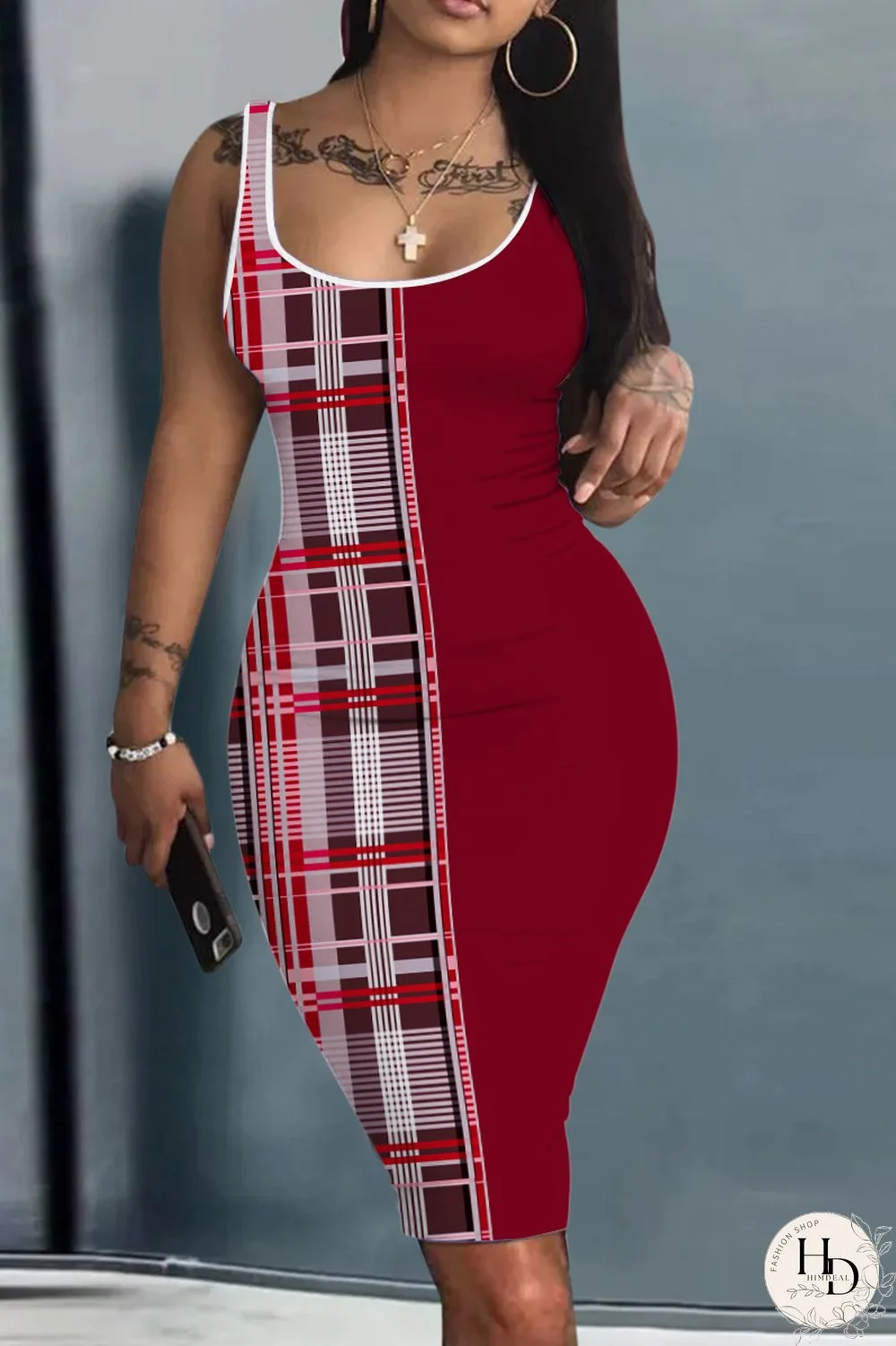 Deep Red Sexy Print Basic U Neck Vest Dress Dresses