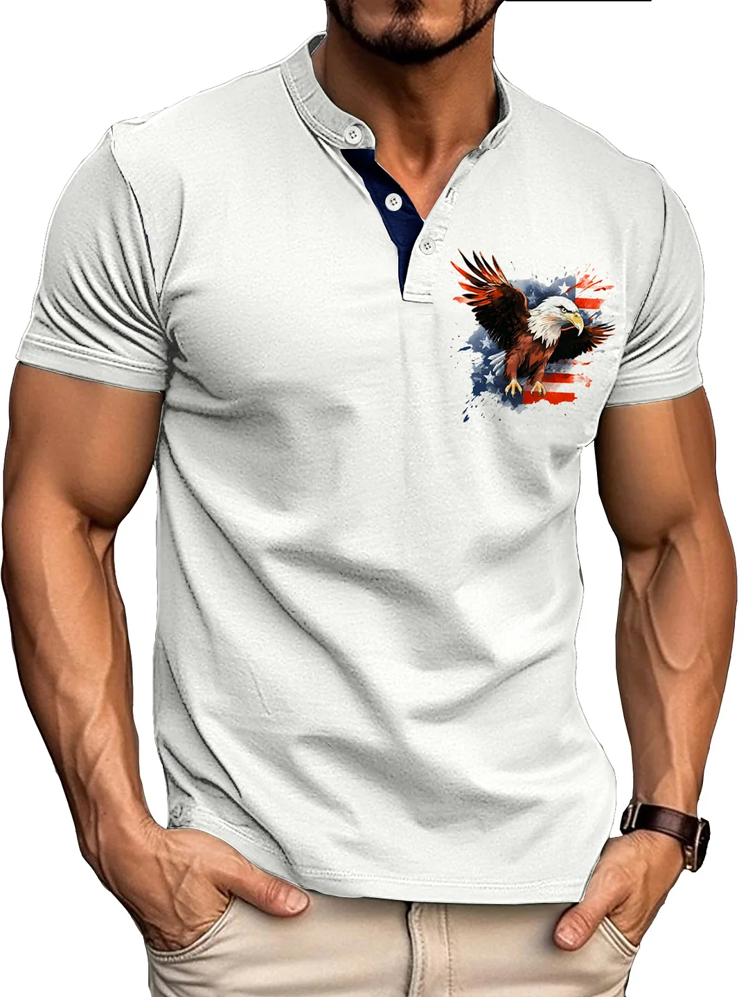  Men's Vintage Eagle American Flag Print Henley 