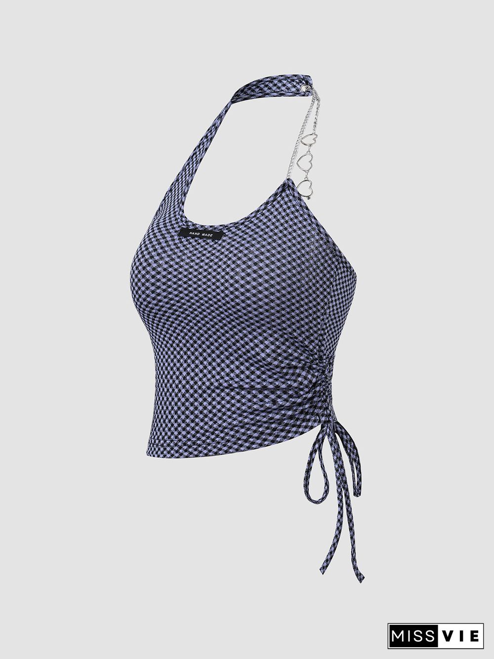Check Pattern Chain Halter Open Back Drawstring Tank Top