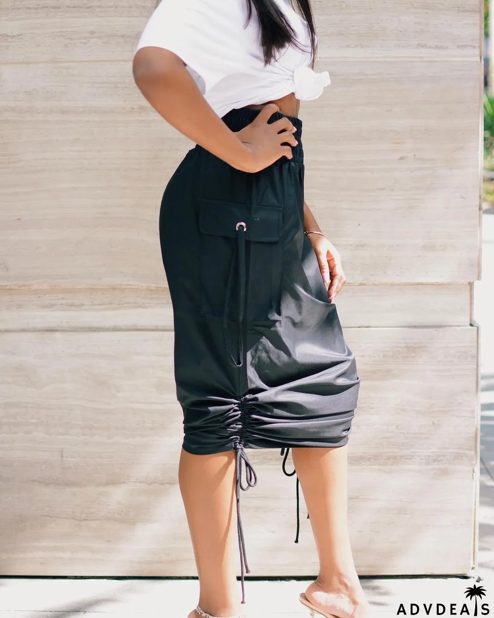 Summer Black High Waist Strings Midi Skirt with Pockets