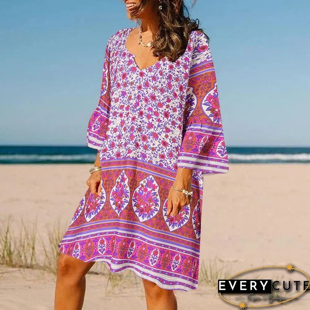 Fashion Women Retro Oversized V-Neck Casual Sundress Floral Printed Baggy Holiday Mini Shirt Dress