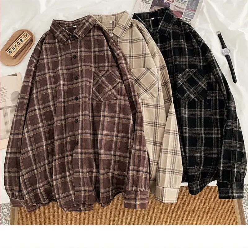 Plaid Shirt Loose Women Oversized Blouse Original Long Sleeve Tops Female Vintage Femme Blusas Casual Outwear 2021