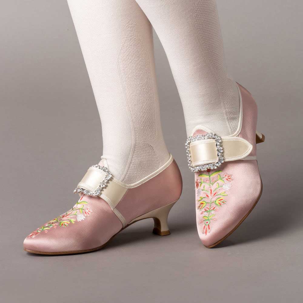 Pink & Beige Almond Toe Floral Embroidered Rhinestone Vintage Shoes Nicepairs