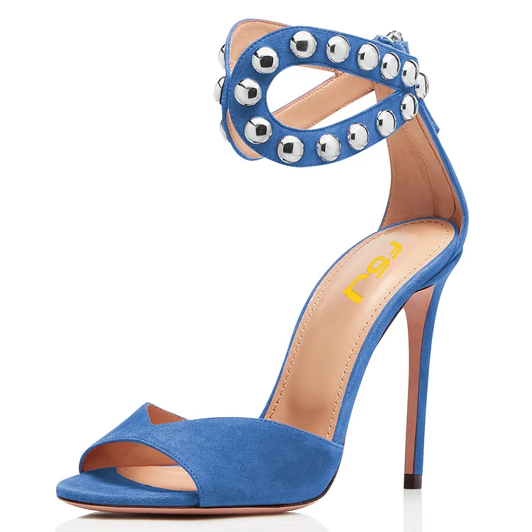 Blue Studs Stiletto Heel Open Toe Ankle Strap Sandals |FSJ Shoes