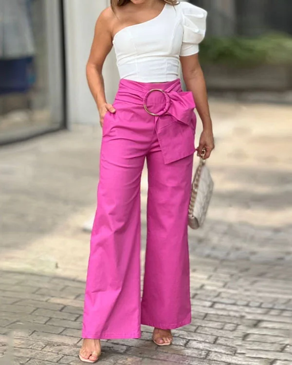 Fashion One-shoulder Puff Sleeve Wide-leg Pants Two-piece Suit-