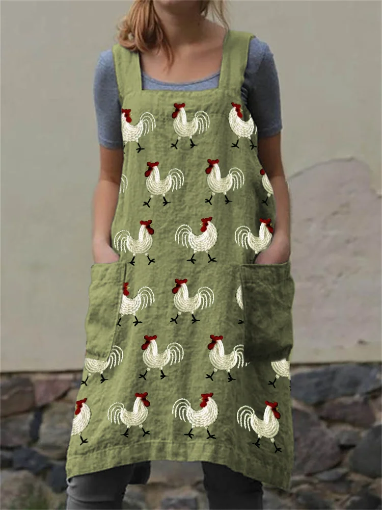 Vintage Farm Roosters Embroidered Apron