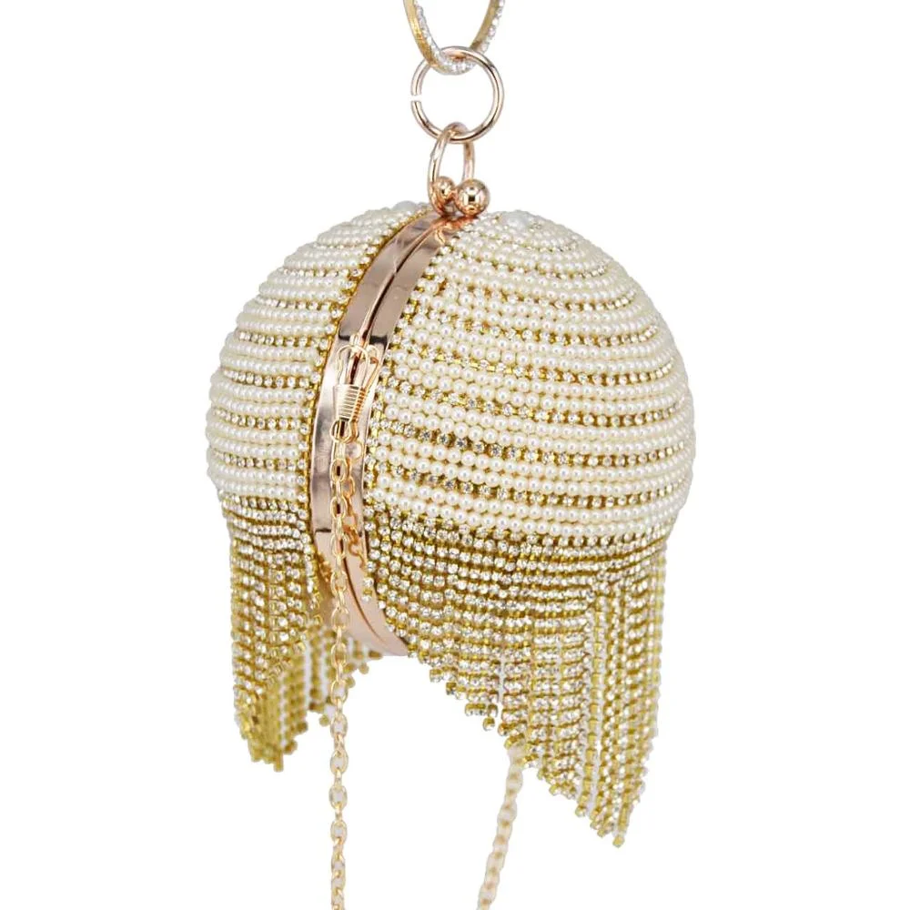 Bowling Design Pearl Clutch Bag circular ring Wristlets Bag Women Party Evening Bag Crystal tassels Ball Female wallet XQ-15