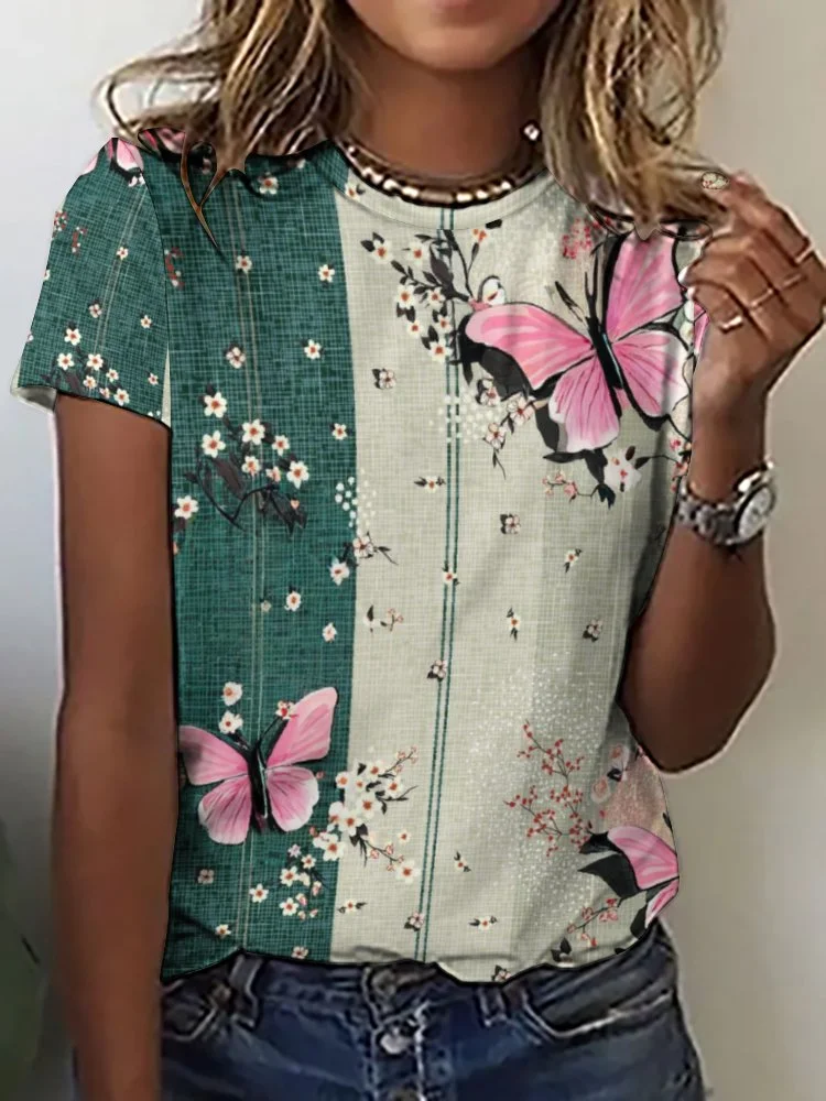 Printed Short Sleeve Casual T-shirt for  Women and Men Unisex Pattern Floral,Pink,Green,Stitch