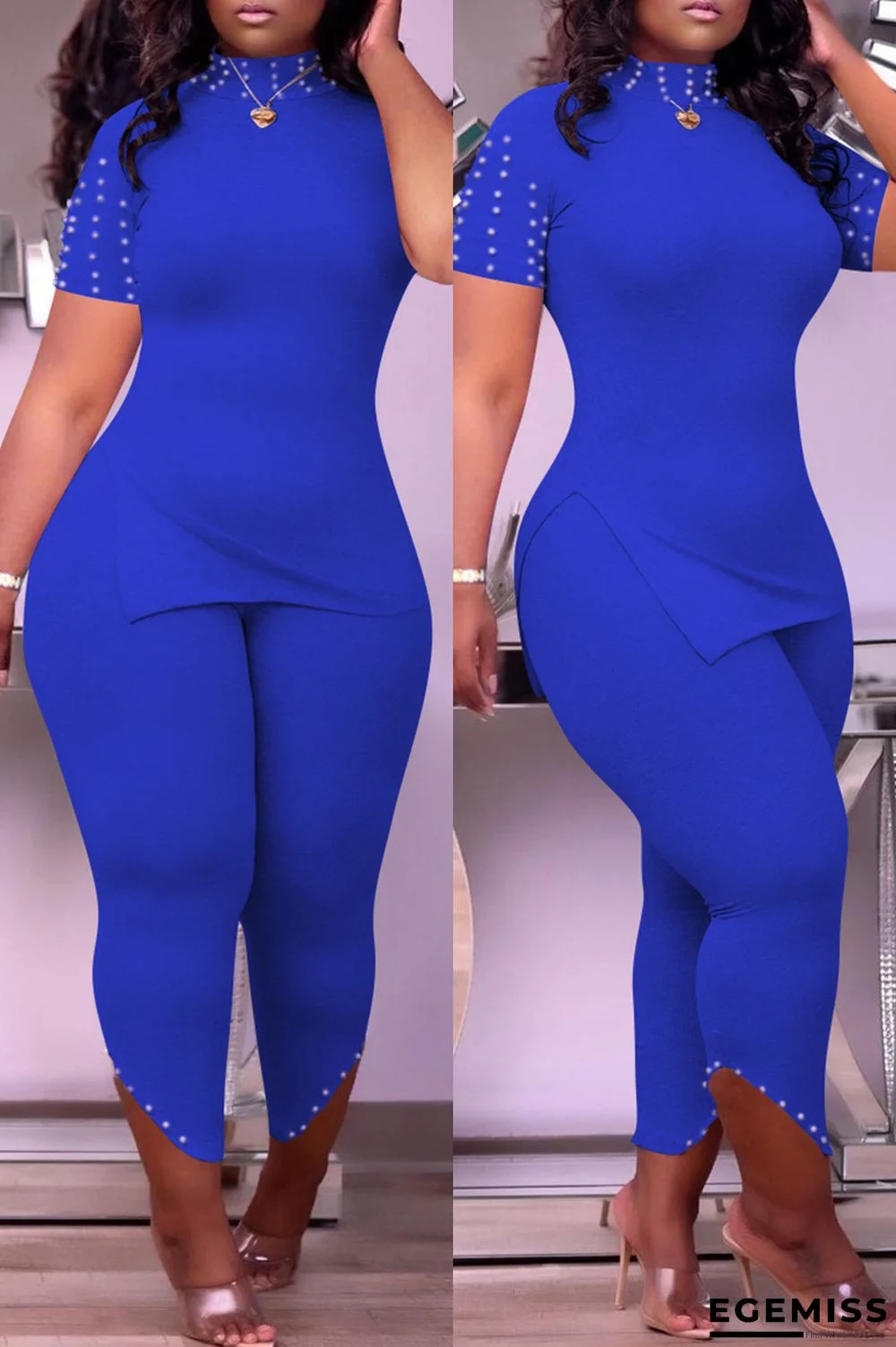 Blue Fashion Casual Solid Slit Beading Turtleneck Short Sleeve Two Pieces | EGEMISS
