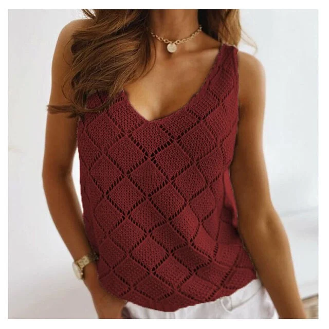 Summer Women V-neck Solid Hollow Wild Vest Top T-shirt Suspender Comfy Knitted Sleeveless Tops Tees Tanks Camis Halter Vest New