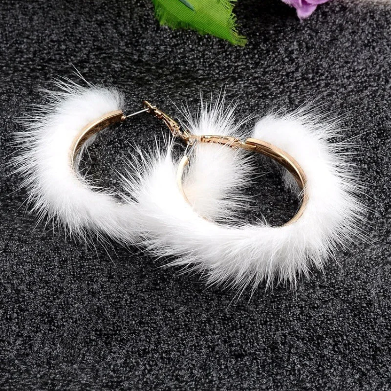 Luxuriously Soft and Large Mink Fur Hair Hoop Earrings