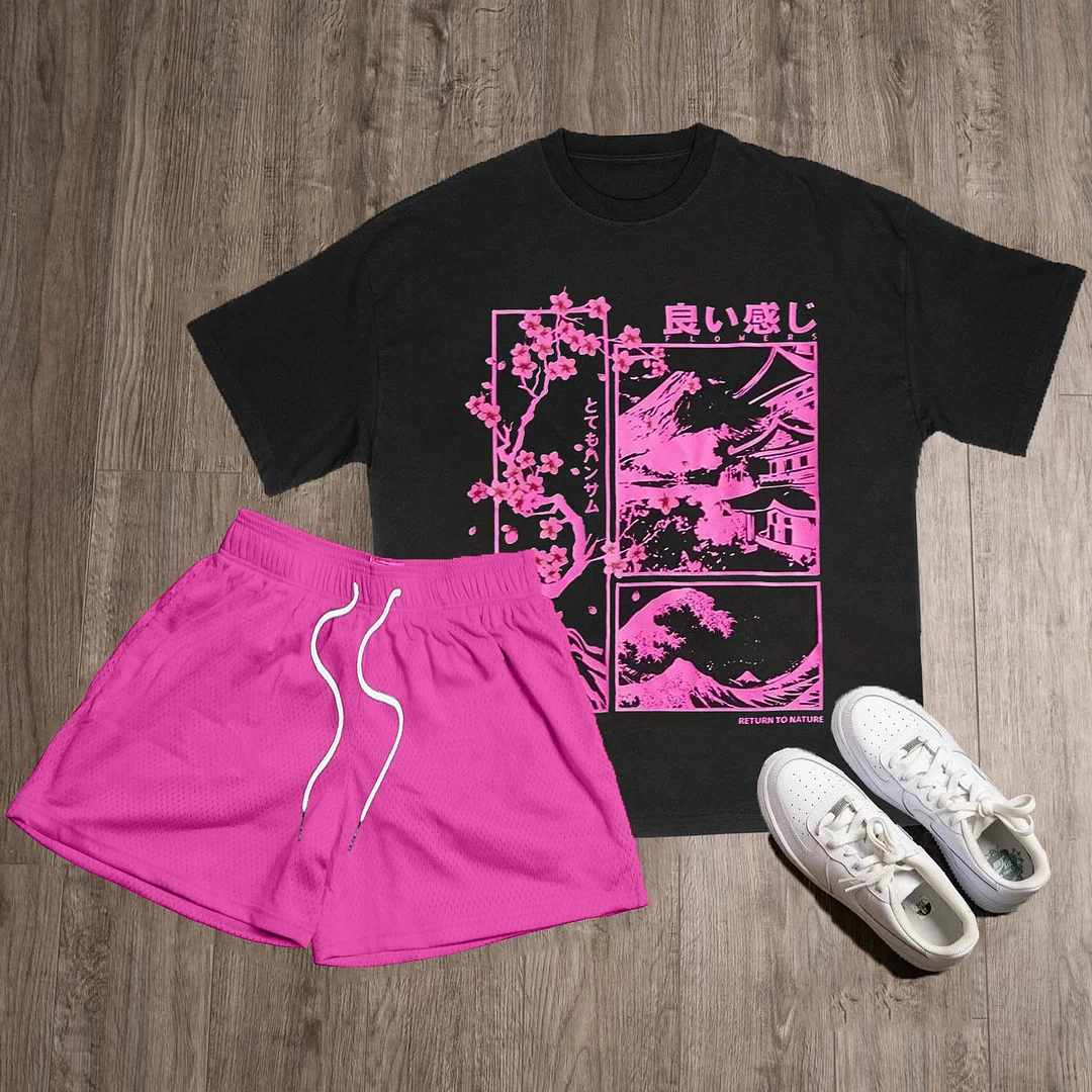 Sakura Print T-Shirt Short Sleeve Two Piece Set