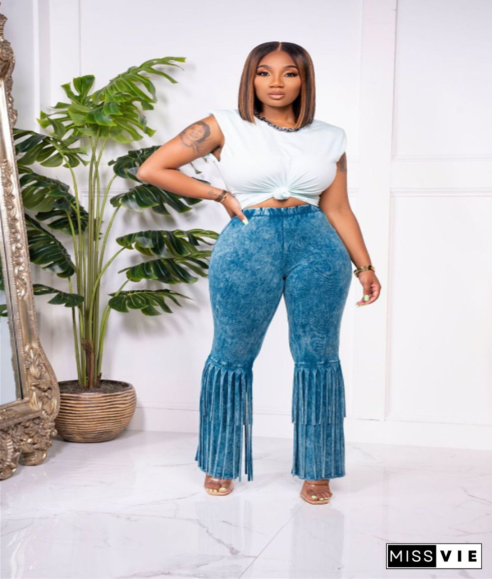 Tie Dye Print Elastic High Waist Bodycon Tassel Pants