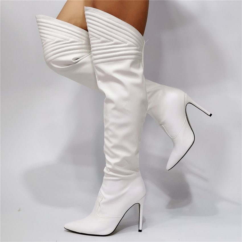 Women's Fashion White Pointed Toe stiletto irregular barrel mouth Knee Thigh Boots Novameme