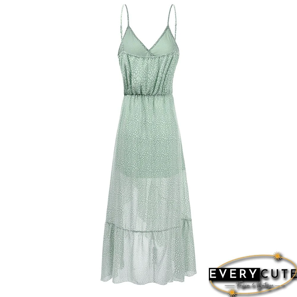 Light Green Wave Point Ruffle Detail Irregular Maxi Dress